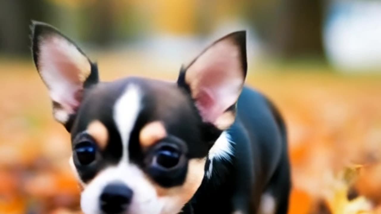 Lovable Cute Chihuahua Puppy plays at Autumn Leaves