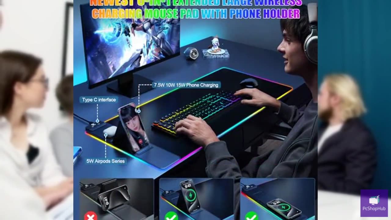 Mouse Pad with Phone Holder, Wireless Charging Desk Mat, RGB Gaming Mousepad Hom