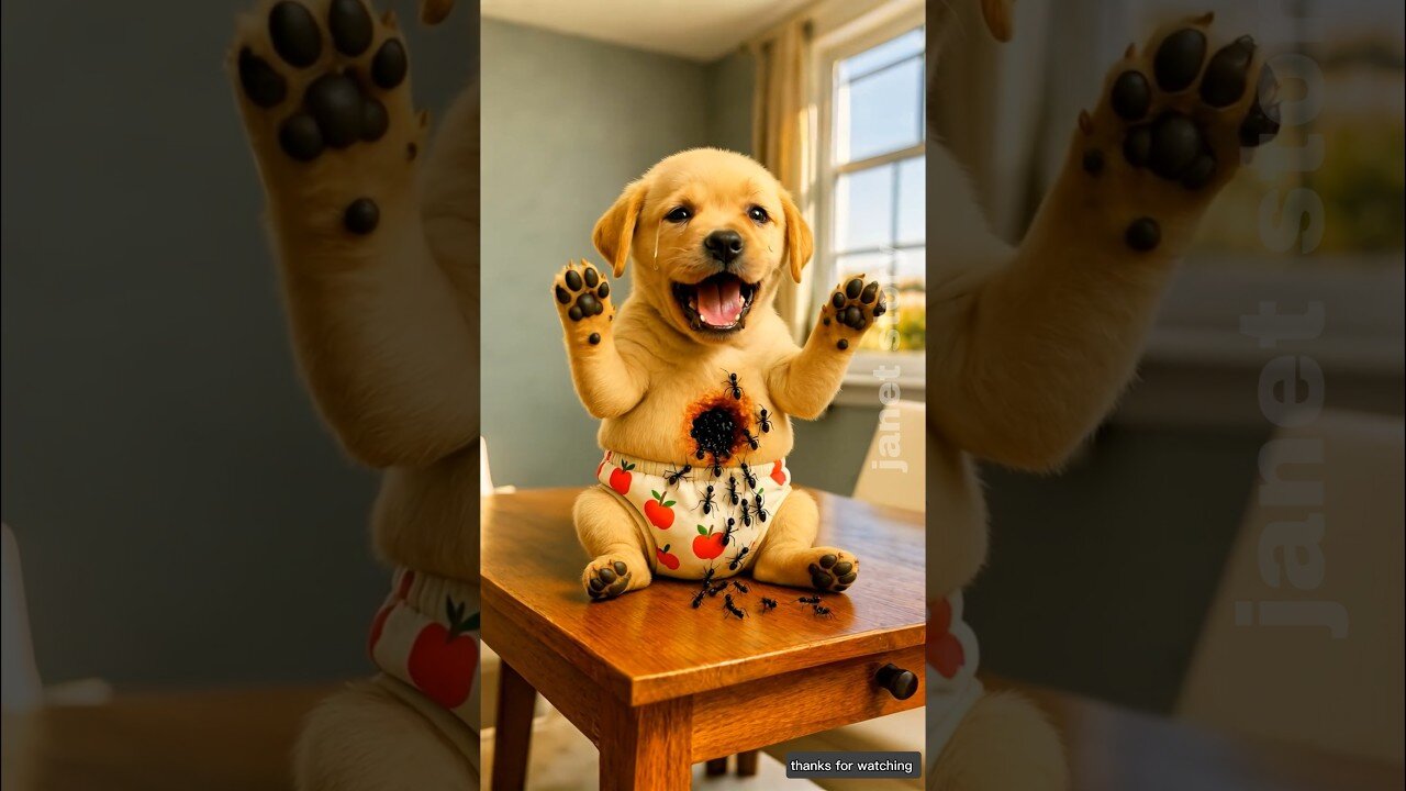 The cute dog ate ants along with the ice-cream