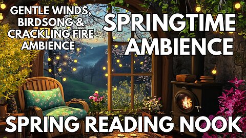 🌸 Spring Reading Nook Ambience | Gentle Winds, Birdsong & Crackling Fire | Springtime 4K ASMR