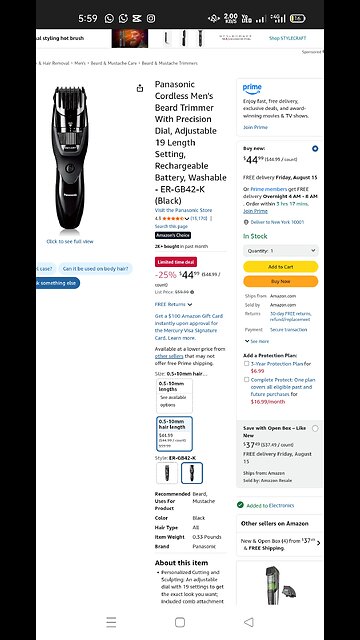 Panasonic Cordless Men's Beard Trimmer With Precision Dial, Adjustable 19 Length Setting,