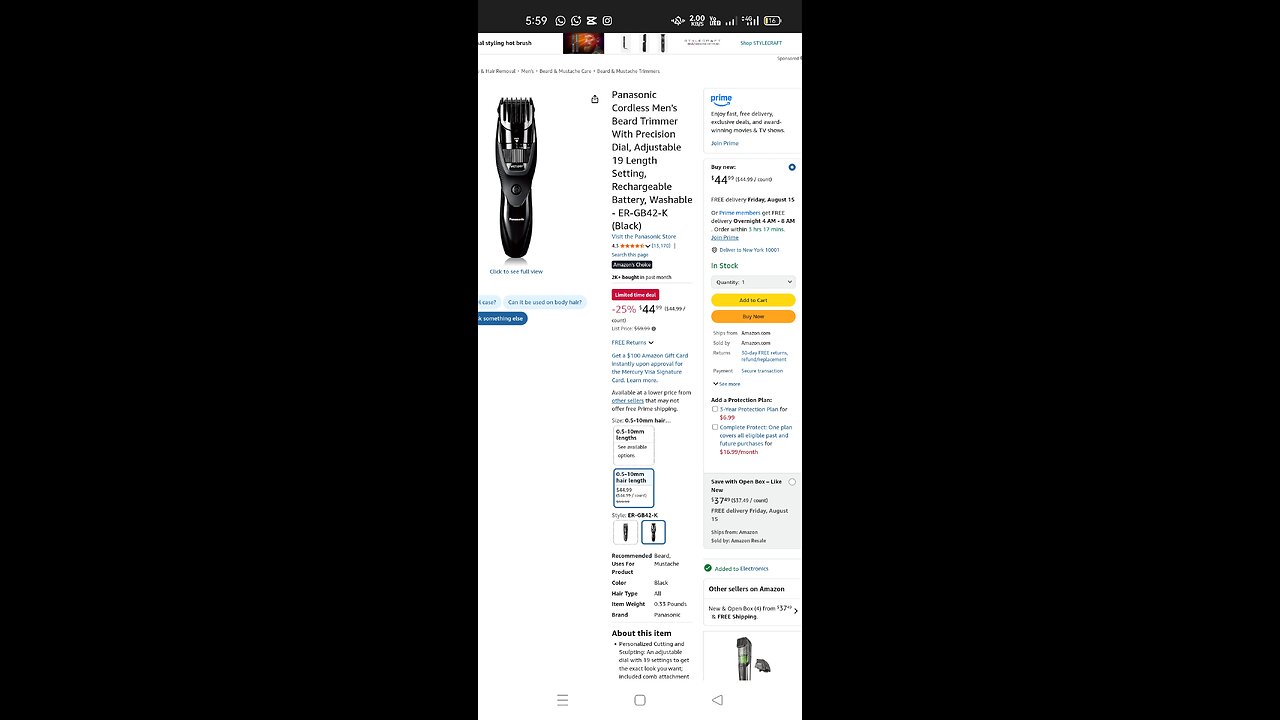 Panasonic Cordless Men's Beard Trimmer With Precision Dial, Adjustable 19 Length Setting,