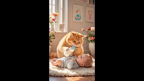 cat saved a cute baby