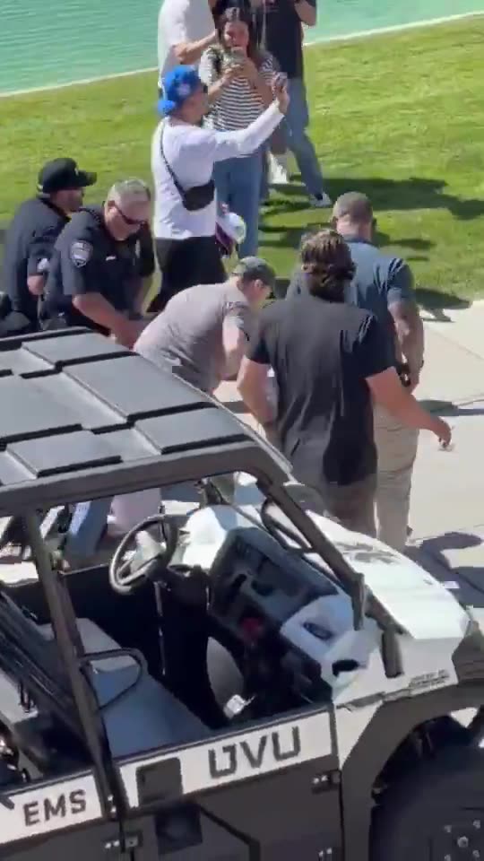 Charlie Kirk’s alleged suspected shooter being taken into custody by police at Utah Valley University.