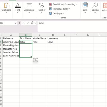 Microsoft Excel - How to separate the full name into first name, middle name, and last name