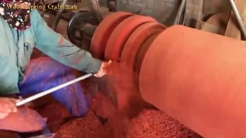 Wood Turning Skills On A Lathe With A Giant RED Wood Log