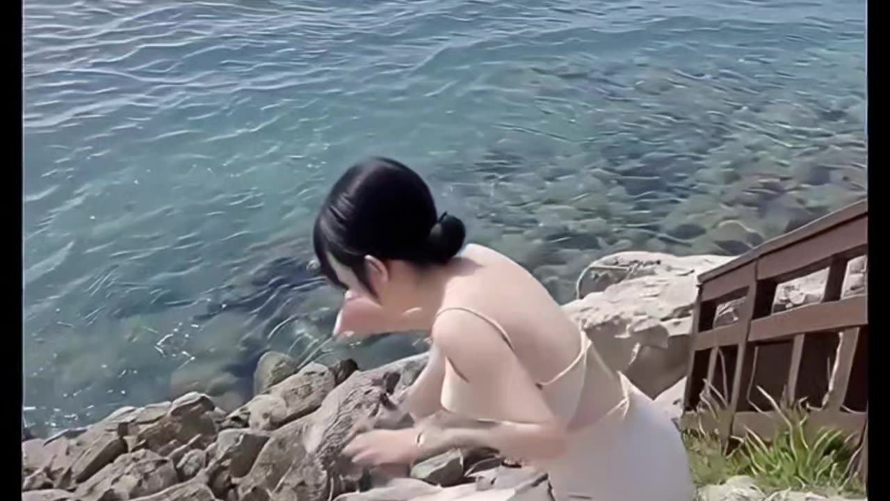 The girl coming down the steps and then falling down