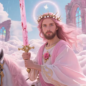 Dios, vestido de rosado, montado en su caballo blanco