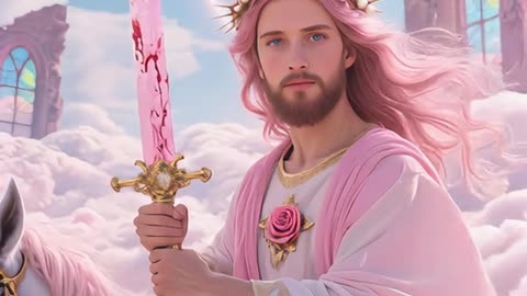 Dios, vestido de rosado, montado en su caballo blanco