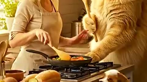 Cute cat, dog cooking with lady 🐈🐕#shorts
