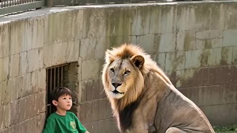 SHOCKING! LION GENTLY TENDS TO BOY IN ENCLOSURE!