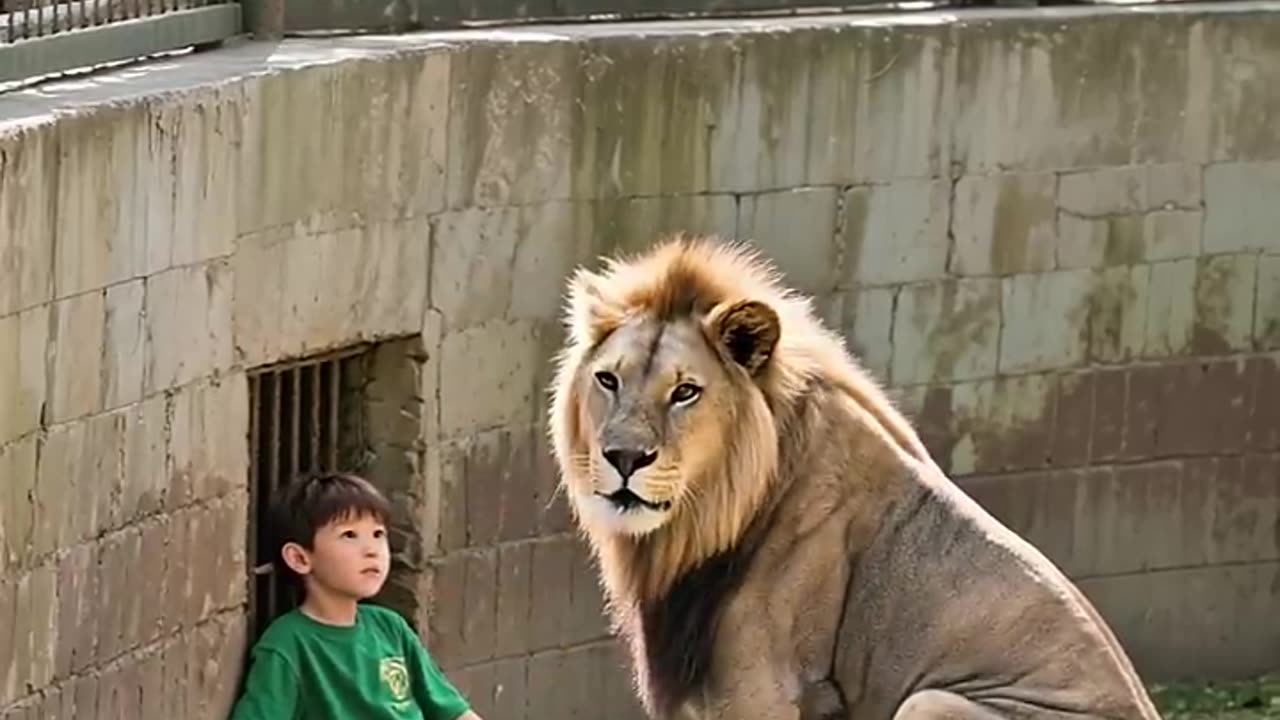 SHOCKING! LION GENTLY TENDS TO BOY IN ENCLOSURE!