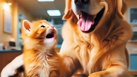 A cat going an accident dog help to her as good friend