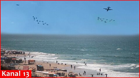 Humanitarian aid is dropped by aircraft into different areas in the Gaza Strip