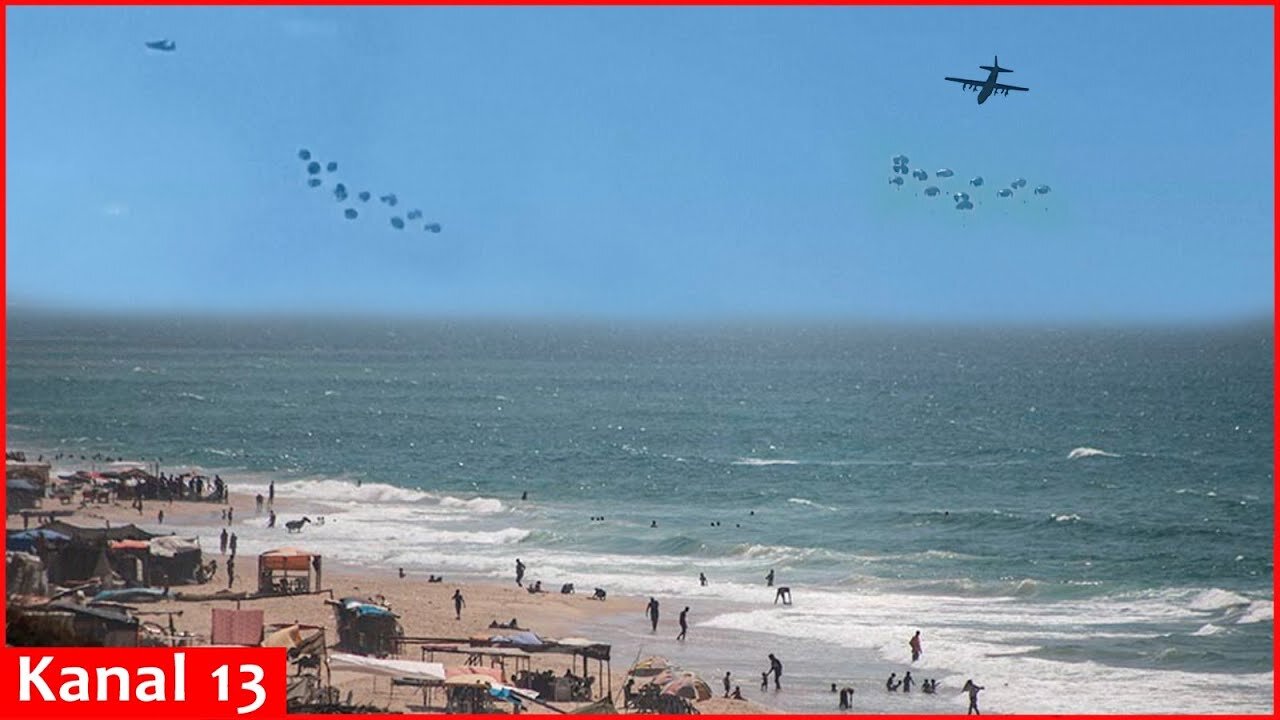 Humanitarian aid is dropped by aircraft into different areas in the Gaza Strip