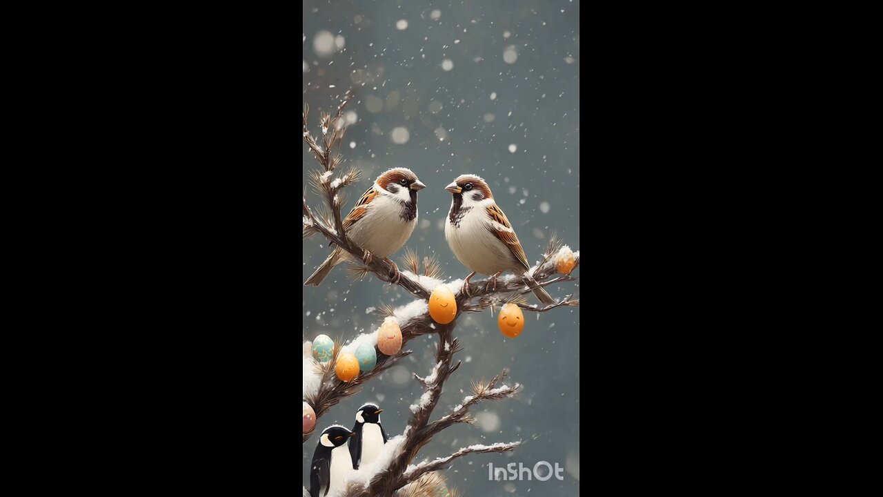 enjoy two sparrows sitting on the tree with snow falling