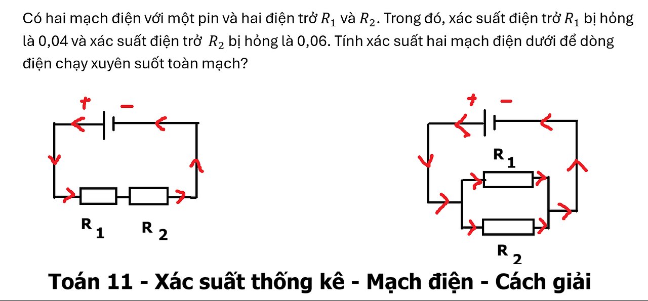 Toán 11: Xác suất mạch điện: Có hai mạch điện với một pin và hai điện trở R_1 và R_2