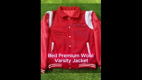 Red & White Wool Varsity Jacket with Leather Sleeves & Chenille Embroidery