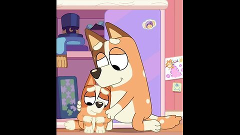 (Chilli hugs her daughter Bingo as a mother parent adult grownup)