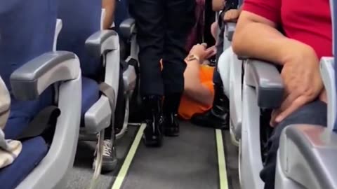 Overweight man wearing a Garfield shirt gets dragged off a plane.