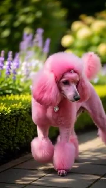 Adult female poodle with pink fur
