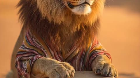 A lion wearing a desert outfit sits in the golden sands