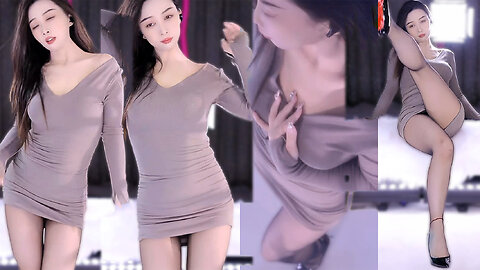 Grey bodycon skirt with red heels and black stockings, twisting hips to highlight her curves