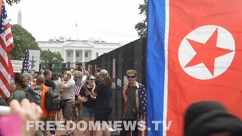 No. Korean Flags hung on security fencing as No Kings Protest reaches Lafayette Park near the White House