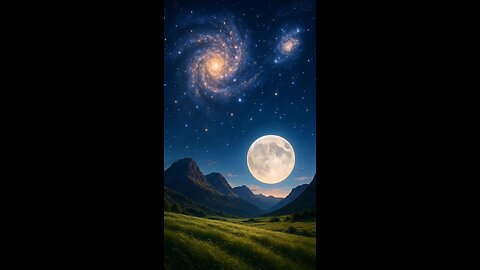 Galaxies, Glowing Moon & Moving Clouds Over Grassy Land | Cosmic Nature Beauty