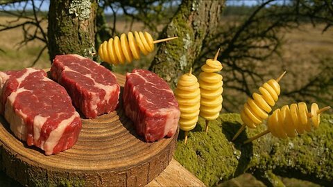 Steaks and Twisted Potatoes cooked in Nature | Relaxing vibes
