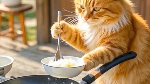 "A Cat Cooking Eggs for Breakfast"