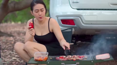 Single Mom Camping with her baby overnight in the forest, breast feeding, grilling, cooking