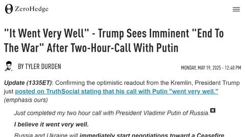 Trump's 2-Hour Phone Call With Putin Results In Russia & Ukraine Continuing Ceasefire Talks