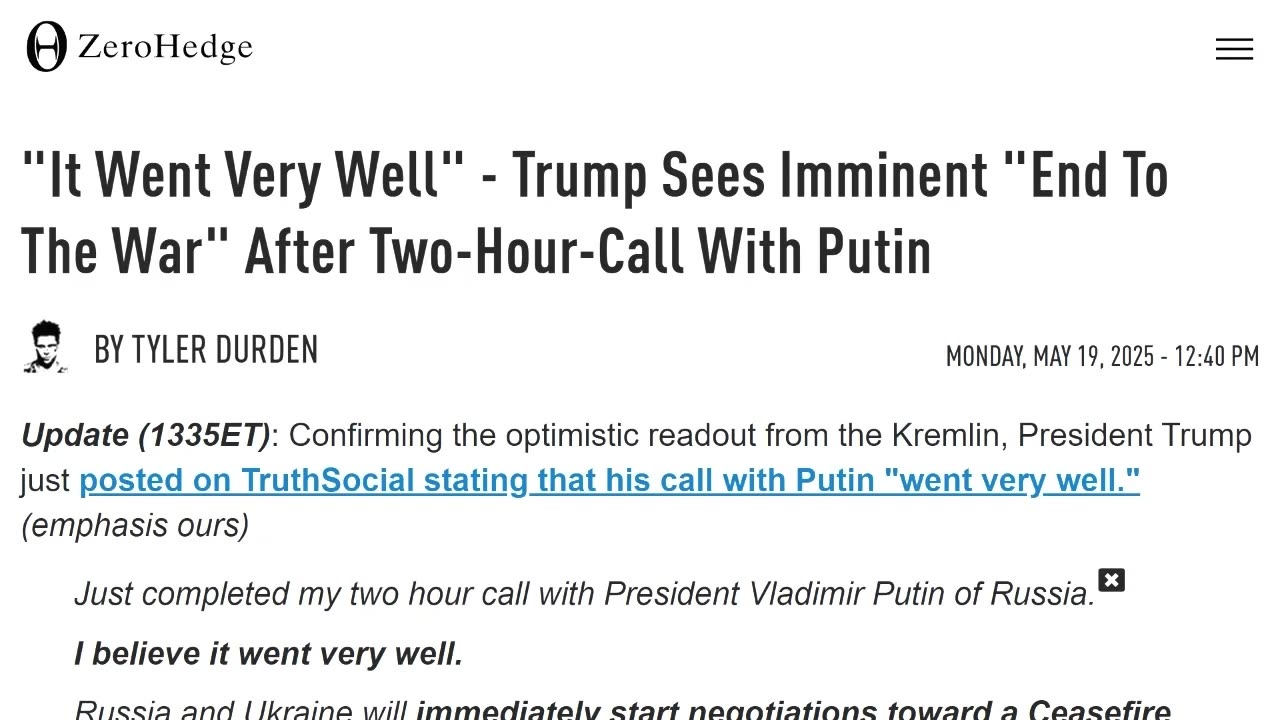 Trump's 2-Hour Phone Call With Putin Results In Russia & Ukraine Continuing Ceasefire Talks