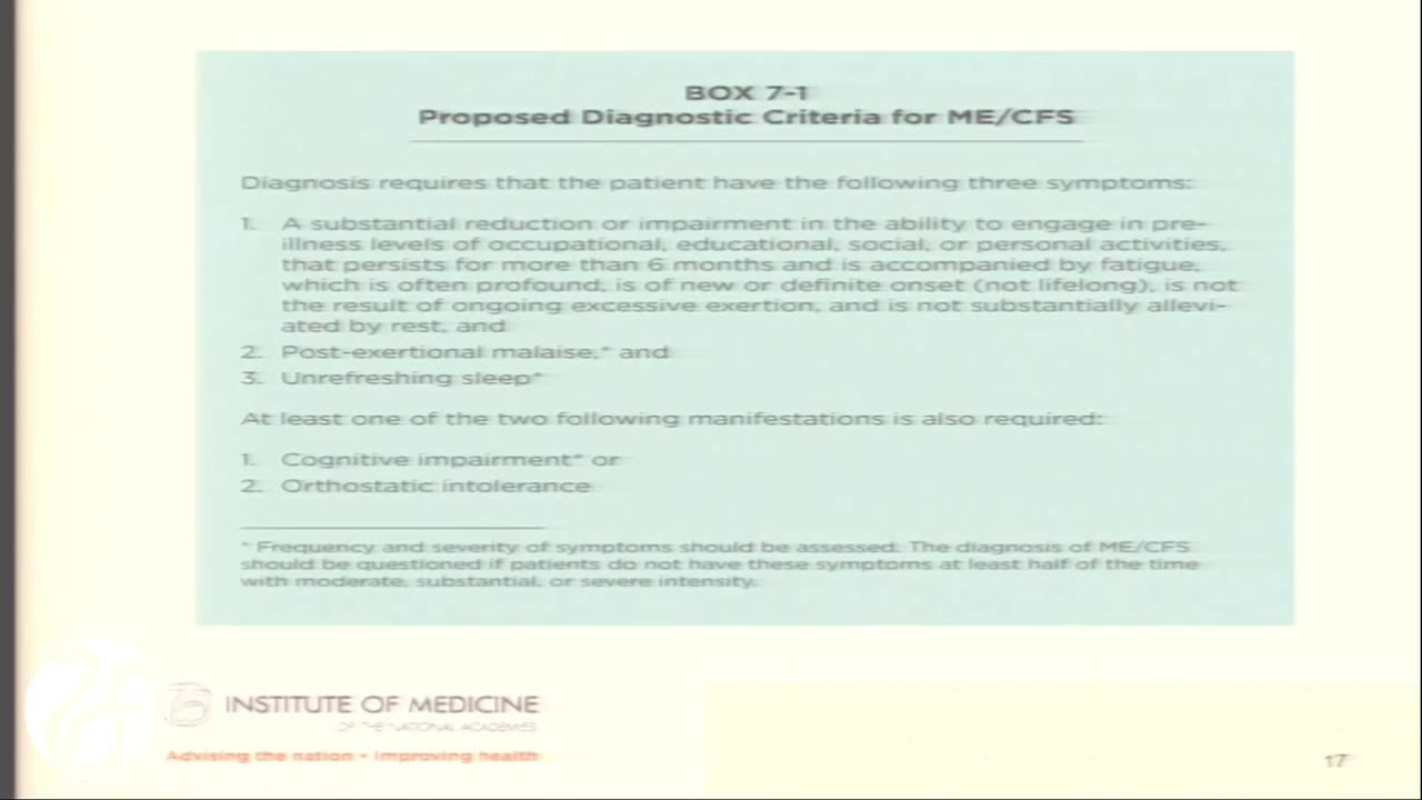 "We also think it's very important that there be a new ICD-10 Code. So that we're not stuck with Myalgic Encephalomyelitis or Neurasthenia or Chronic Fatigue. This (SEID) needs it's own diagnostic criteria" - Ellen Wright Clayton