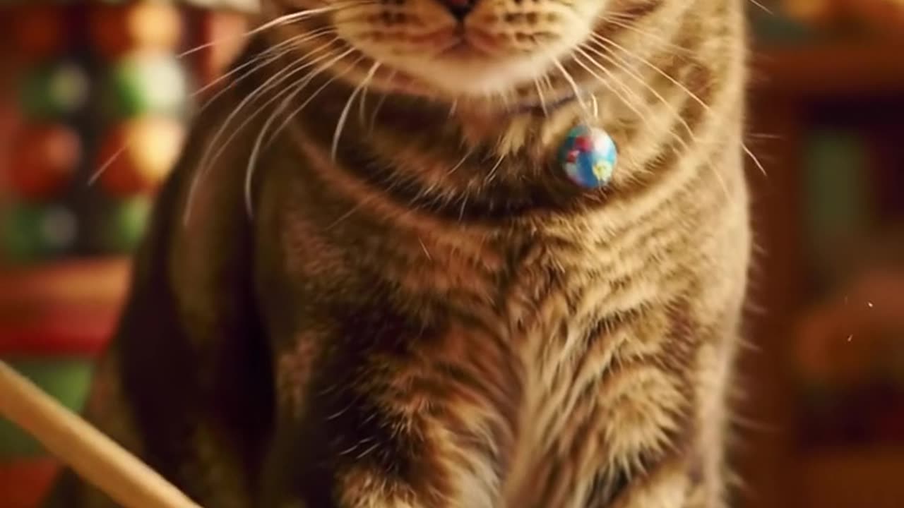 Cat doing Saturday cleaning with loud music and a broom 🧹🪣