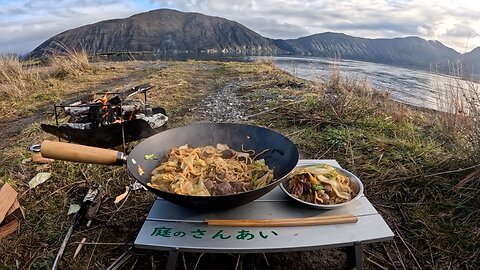 Relaxing WINTER CAMPING, catching rainbow trout, and cooking stir fried noodles