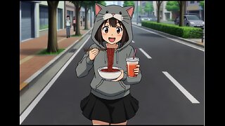 A Adult Anime Girl with Cat Hoodie And Black Skirt Making Red Noodles And Pink takis also red Oran