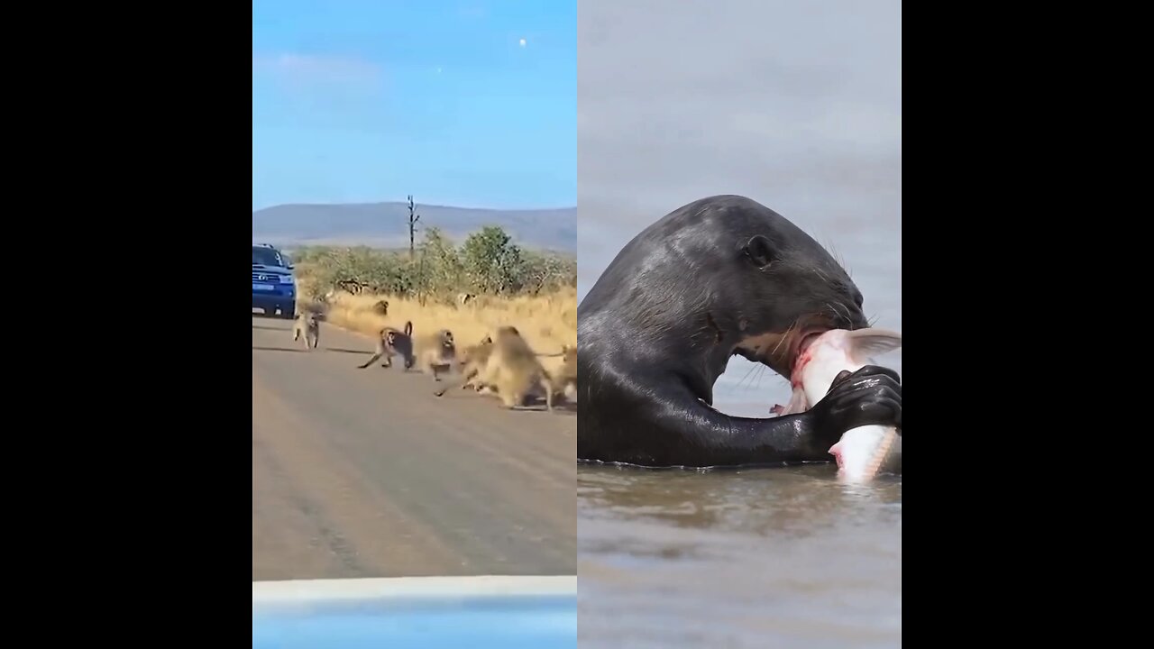 The animal eats a very big fish. A group of monkeys together trap a tiger.