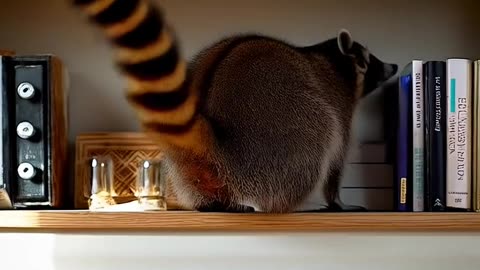 🦝 AI Raccoon Acrobat | Jumping from Table to Bookshelf! 📚