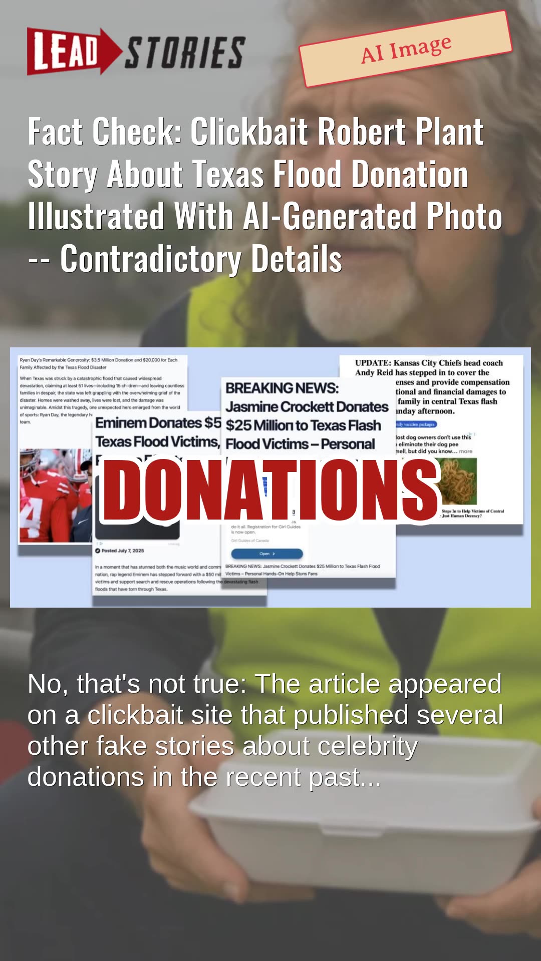 Fact Check: Clickbait Robert Plant Story About Texas Flood Donation Has AI-Generated Photo