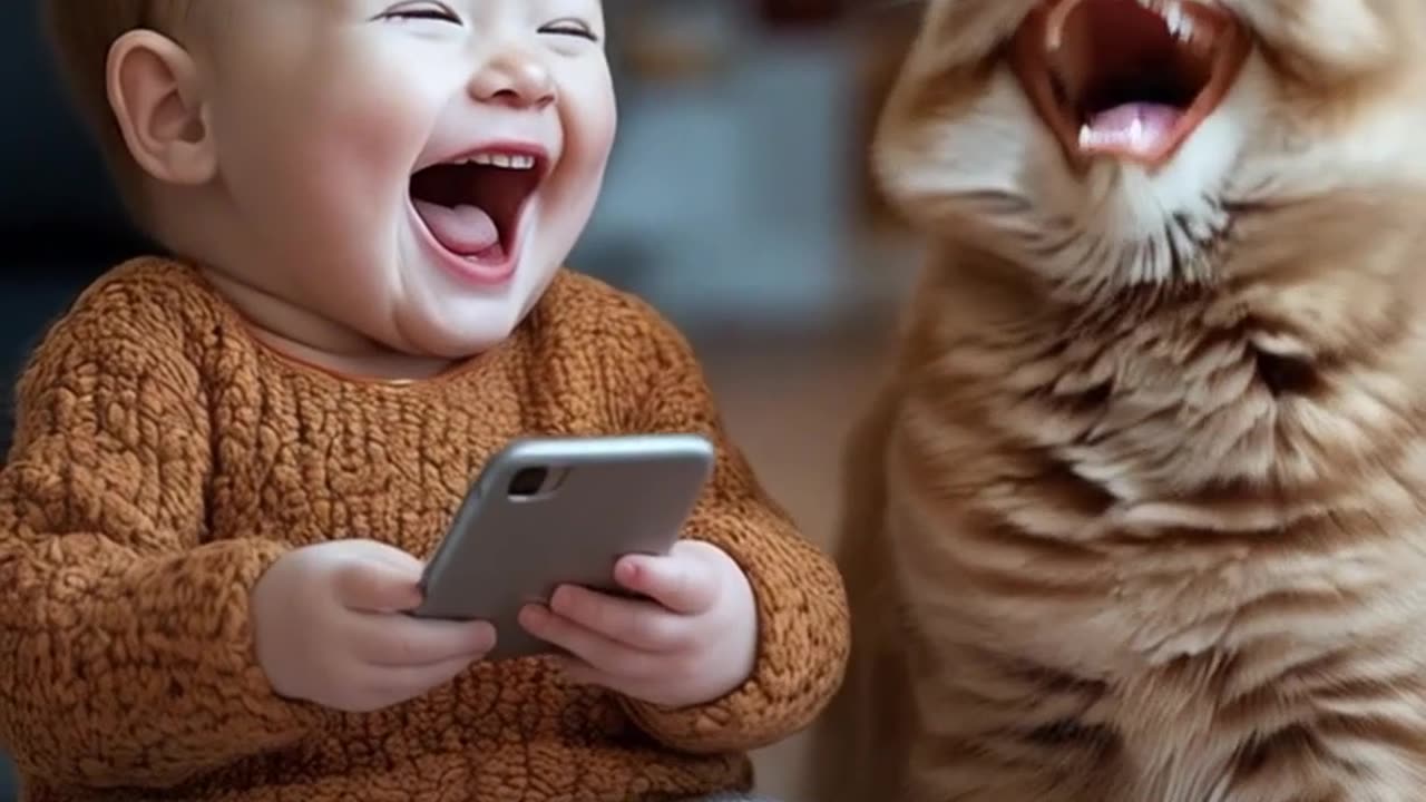 cat and baby so cute