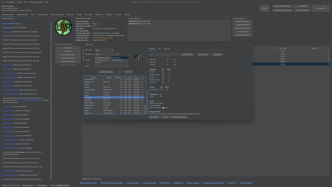 MekHQ 0.50.06 Learning the Ropes 2: Buying New Meks and accepting a contract