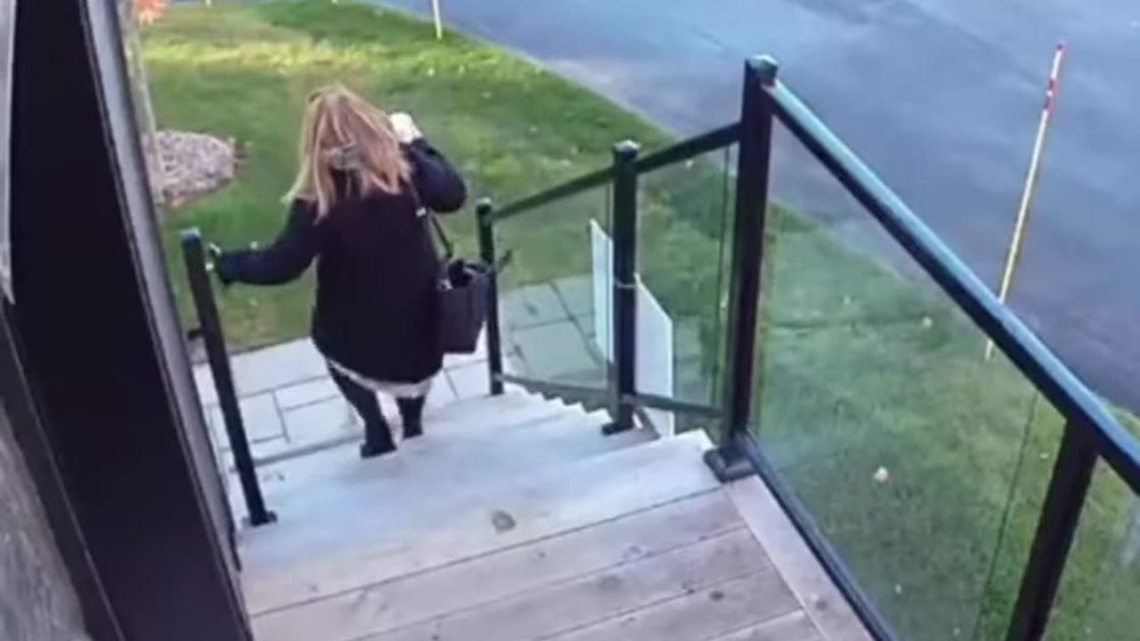 Hilarious staircase slip—watch her workday start with a bang! 🪜😂 #FunnyFails