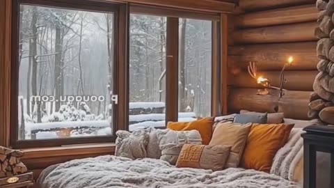 Log Cabin Resort Bedroom with Snowy Forest Views.