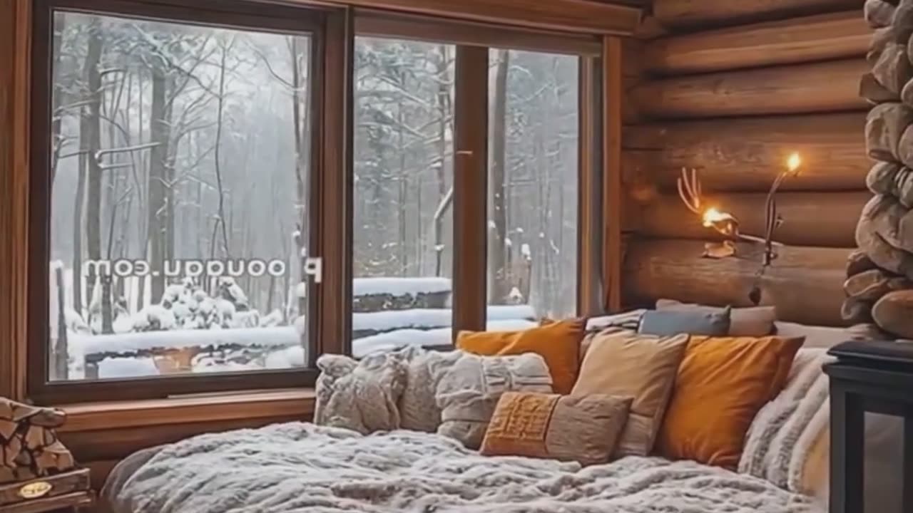Log Cabin Resort Bedroom with Snowy Forest Views.