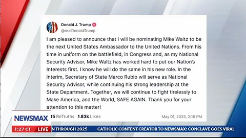 BREAKING: Waltz nominated as UN Ambassador, Rubio will be NSA ~ American Agenda / NewsMax 5/1/25