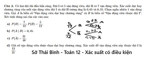 Toán 12: Sở Thái Bình: Có hai đội thi đấu bắn súng. Đội I có 5 vận động viên, đội II có 7 vận động