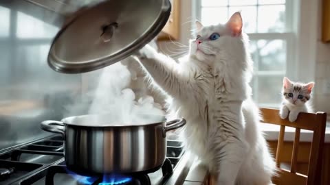 Gone Fishin’: Mama Cat & Baby’s Soup Adventure! 🐾🍲