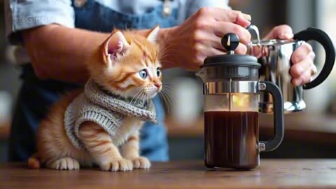 Tiny Baby Ginger Kitten Cozy Rainy Café Day